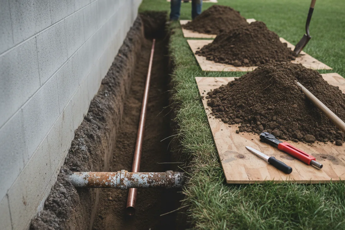 Excavated water line trench during Sewer Line Repair in Grover Beach